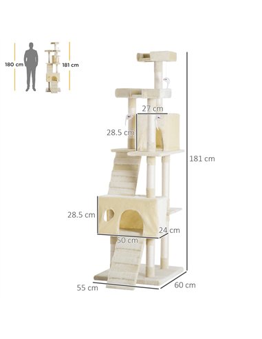 PawHut Cat Tree for Indoor Cats Play Tower Activity Center Kitten Scratch Post Climbing Tower 181 cm