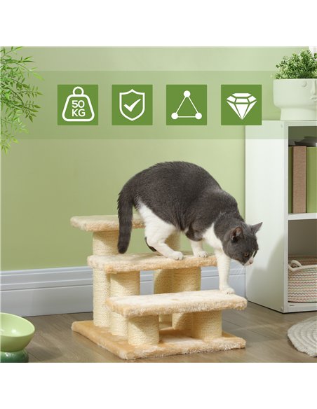 PawHut Pet Stairs 3-step Pet Ladder Cat dog Stairs Climb Ladder Cat Tree, Beige - pic 147668 | FastDaddyshop