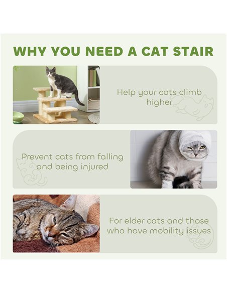 PawHut Pet Stairs 3-step Pet Ladder Cat dog Stairs Climb Ladder Cat Tree, Beige - pic 147671 | FastDaddyshop