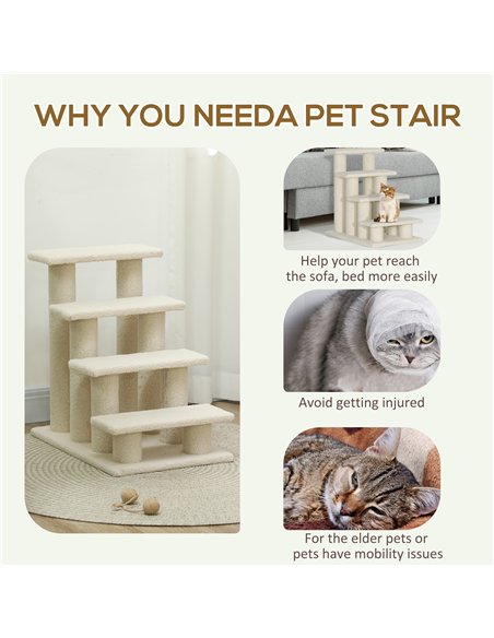 PawHut Dog Steps for Bed 4 Step Pet Stairs for Sofa Dog Cat Climb Ladder 63x43x60 cm Cream - pic 147678 | FastDaddyshop