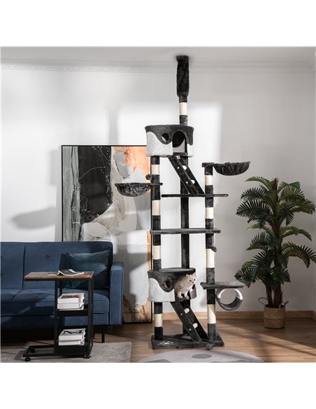 PawHut Floor-to-Ceiling Cat Tree for Indoor Cats, 240-260cm Adjustable Cat Tree - White - pic 147684 | FastDaddyshop