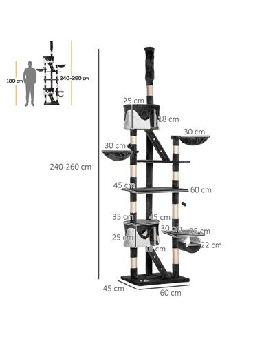 PawHut Floor-to-Ceiling Cat Tree for Indoor Cats, 240-260cm Adjustable Cat Tree - White