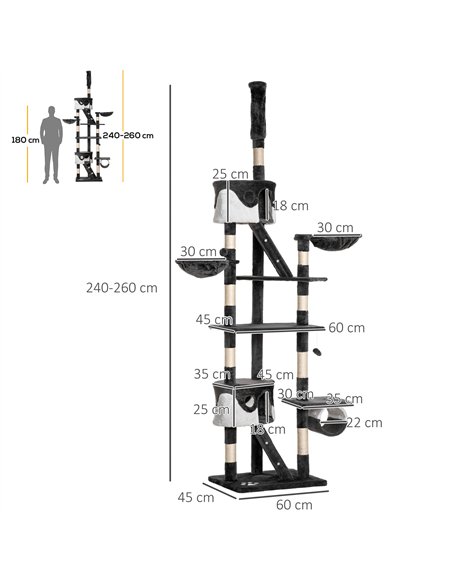 PawHut Floor-to-Ceiling Cat Tree for Indoor Cats, 240-260cm Adjustable Cat Tree - White - pic 147685 | FastDaddyshop