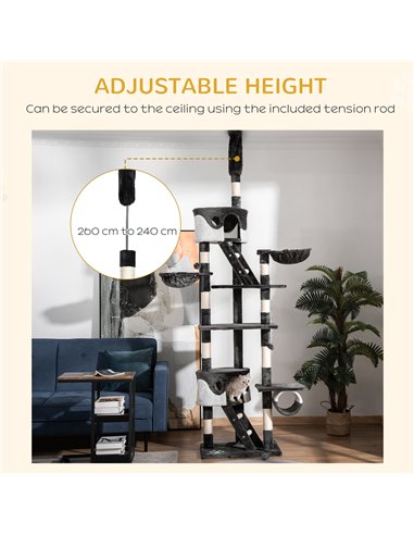 PawHut Floor-to-Ceiling Cat Tree for Indoor Cats, 240-260cm Adjustable Cat Tree - White