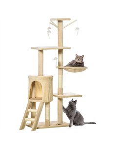 PawHut Cat Tree for Indoor Cats 135cm Kitten Tower Scratching Post Kitty Scratcher Climbing Tower with Ladder, Beige
