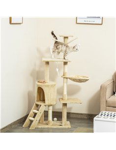 PawHut Cat Tree for Indoor Cats 135cm Kitten Tower Scratching Post Kitty Scratcher Climbing Tower with Ladder, Beige 2
