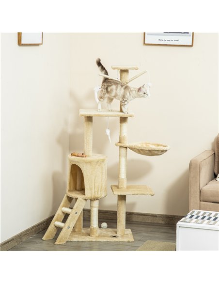 PawHut Cat Tree for Indoor Cats 135cm Kitten Tower Scratching Post Kitty Scratcher Climbing Tower with Ladder, Beige - pic 147702 | FastDaddyshop