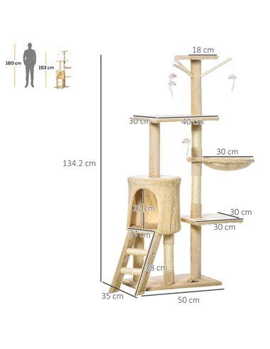 PawHut Cat Tree for Indoor Cats 135cm Kitten Tower Scratching Post Kitty Scratcher Climbing Tower with Ladder, Beige