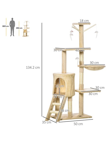 PawHut Cat Tree for Indoor Cats 135cm Kitten Tower Scratching Post Kitty Scratcher Climbing Tower with Ladder, Beige - pic 147703 | FastDaddyshop