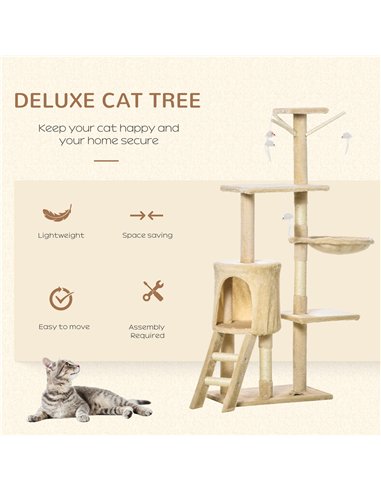 PawHut Cat Tree for Indoor Cats 135cm Kitten Tower Scratching Post Kitty Scratcher Climbing Tower with Ladder, Beige