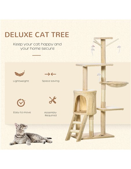 PawHut Cat Tree for Indoor Cats 135cm Kitten Tower Scratching Post Kitty Scratcher Climbing Tower with Ladder, Beige - pic 147704 | FastDaddyshop