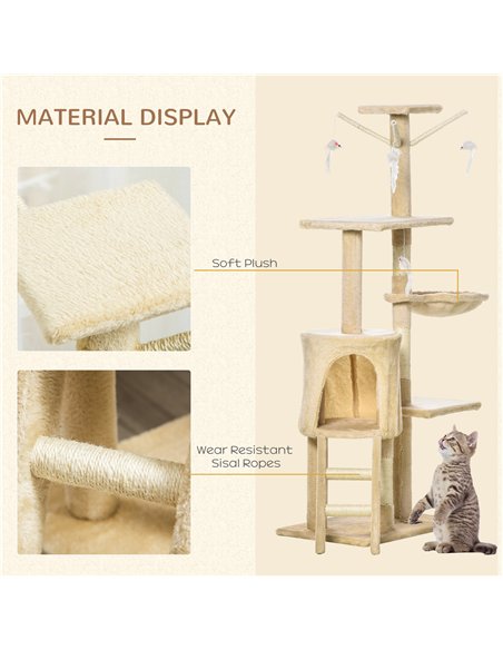 PawHut Cat Tree for Indoor Cats 135cm Kitten Tower Scratching Post Kitty Scratcher Climbing Tower with Ladder, Beige - pic 147705 | FastDaddyshop