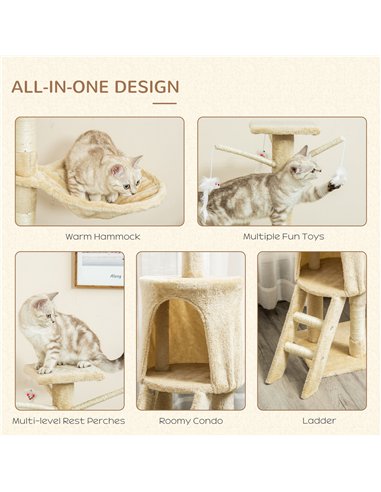 PawHut Cat Tree for Indoor Cats 135cm Kitten Tower Scratching Post Kitty Scratcher Climbing Tower with Ladder, Beige