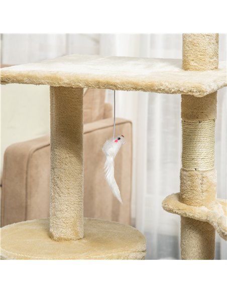 PawHut Cat Tree for Indoor Cats 135cm Kitten Tower Scratching Post Kitty Scratcher Climbing Tower with Ladder, Beige - pic 147708 | FastDaddyshop