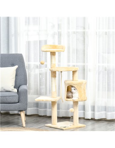 PawHut Cat Tree for Indoor Cats Pet Activity Centre Kitty Condo Climbing Scratching Post with Toys 4-tier 114cm Tall Beige