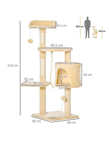 PawHut Cat Tree for Indoor Cats Pet Activity Centre Kitty Condo Climbing Scratching Post with Toys 4-tier 114cm Tall Beige - pic 147712 | FastDaddyshop