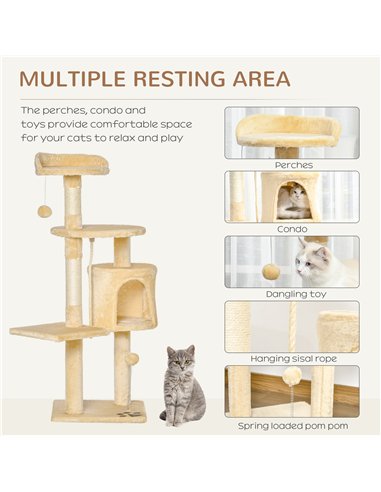 PawHut Cat Tree for Indoor Cats Pet Activity Centre Kitty Condo Climbing Scratching Post with Toys 4-tier 114cm Tall Beige