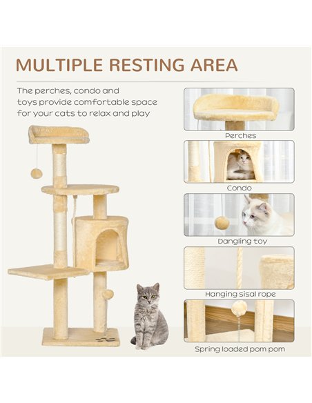PawHut Cat Tree for Indoor Cats Pet Activity Centre Kitty Condo Climbing Scratching Post with Toys 4-tier 114cm Tall Beige - pic 147714 | FastDaddyshop