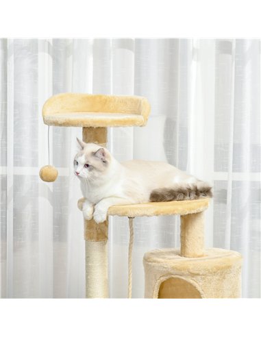 PawHut Cat Tree for Indoor Cats Pet Activity Centre Kitty Condo Climbing Scratching Post with Toys 4-tier 114cm Tall Beige