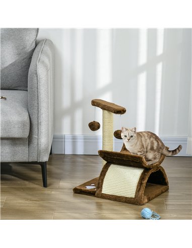 PawHut Cat Tree, Cat Tower for Kittens with Rotatable Top Bar, Sisal Scratching Post, Tunnel, Dangling Balls - Brown