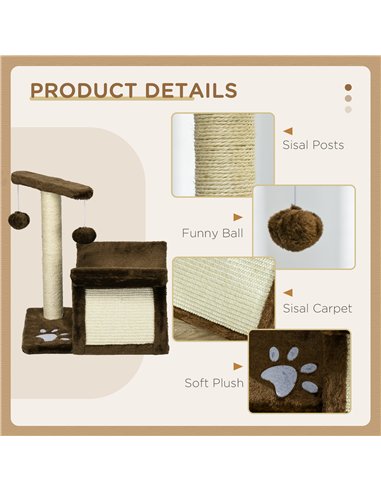 PawHut Cat Tree, Cat Tower for Kittens with Rotatable Top Bar, Sisal Scratching Post, Tunnel, Dangling Balls - Brown