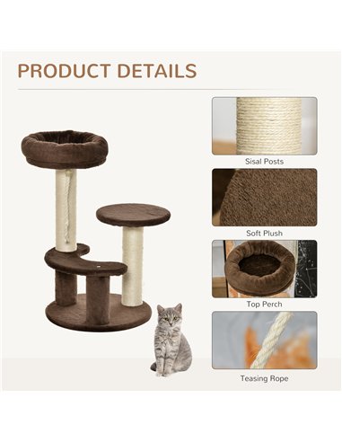 PawHut 65cm Cat Tree, Cat Tower for Kittens, Small Cat Condo with Sisal Scratching Posts, Hanging Rope, Perches - Brown