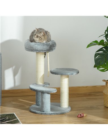 PawHut 65cm Cat Tree, Cat Tower for Kittens, Small Cat Condo with Sisal Scratching Posts, Hanging Rope, Perches - Grey