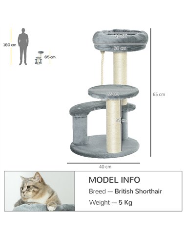 PawHut 65cm Cat Tree, Cat Tower for Kittens, Small Cat Condo with Sisal Scratching Posts, Hanging Rope, Perches - Grey