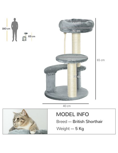 PawHut 65cm Cat Tree, Cat Tower for Kittens, Small Cat Condo with Sisal Scratching Posts, Hanging Rope, Perches - Grey - pic 147757 | FastDaddyshop