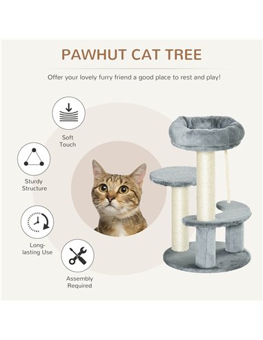 PawHut 65cm Cat Tree, Cat Tower for Kittens, Small Cat Condo with Sisal Scratching Posts, Hanging Rope, Perches - Grey