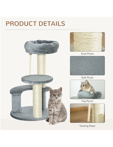 PawHut 65cm Cat Tree, Cat Tower for Kittens, Small Cat Condo with Sisal Scratching Posts, Hanging Rope, Perches - Grey