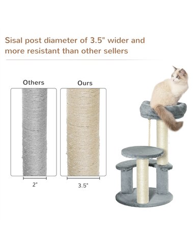 PawHut 65cm Cat Tree, Cat Tower for Kittens, Small Cat Condo with Sisal Scratching Posts, Hanging Rope, Perches - Grey
