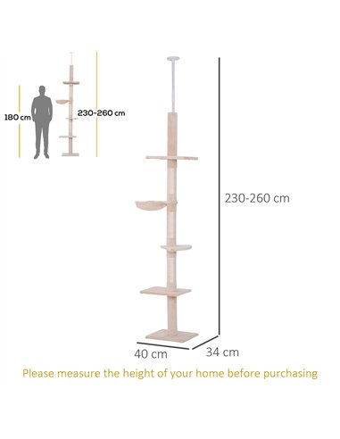 PawHut Floor to Ceiling Cat Tree for Indoor Cats 5-Tier Kitty Tower Climbing Activity Center Scratching Post Adjustable Height 2