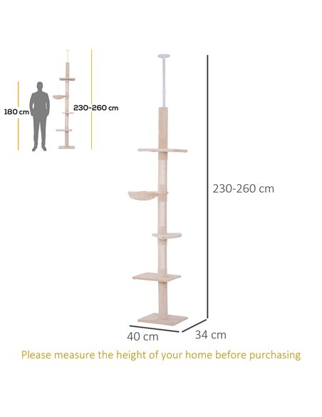 PawHut Floor to Ceiling Cat Tree for Indoor Cats 5-Tier Kitty Tower Climbing Activity Center Scratching Post Adjustable Height 2 - pic 147766 | FastDaddyshop