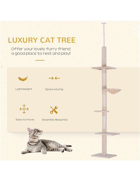 PawHut Floor to Ceiling Cat Tree for Indoor Cats 5-Tier Kitty Tower Climbing Activity Center Scratching Post Adjustable Height 2 - pic 147767 | FastDaddyshop
