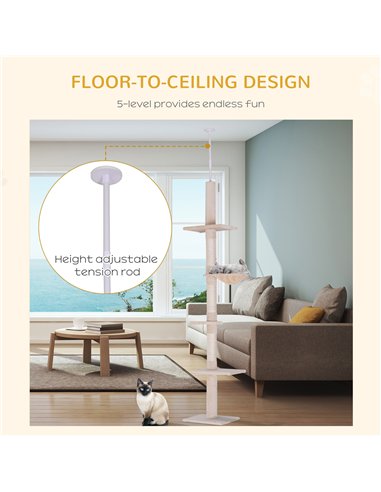 PawHut Floor to Ceiling Cat Tree for Indoor Cats 5-Tier Kitty Tower Climbing Activity Center Scratching Post Adjustable Height 2