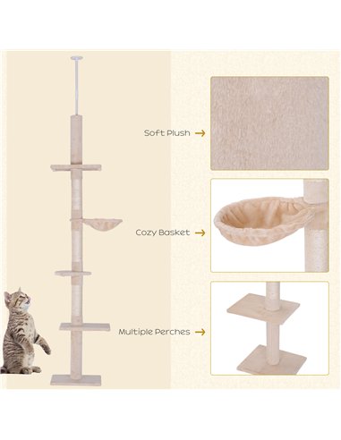 PawHut Floor to Ceiling Cat Tree for Indoor Cats 5-Tier Kitty Tower Climbing Activity Center Scratching Post Adjustable Height 2
