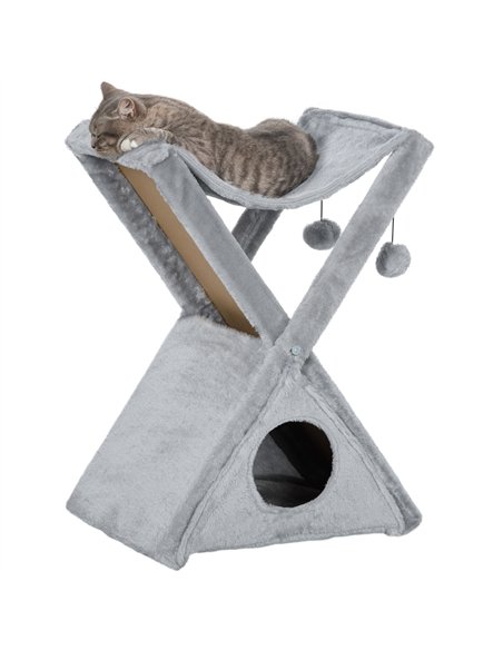 PawHut Two Tier Cat Tree for Indoor Cats Play Rest Activity Tower Plush Folding Relax Center w/ Scratching Post Hammock Pom Poms - pic 147773 | FastDaddyshop