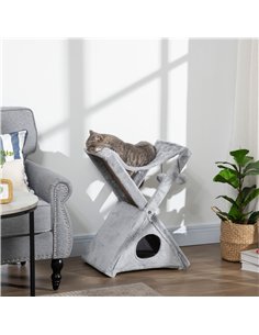 PawHut Two Tier Cat Tree for Indoor Cats Play Rest Activity Tower Plush Folding Relax Center w/ Scratching Post Hammock Pom Poms 2