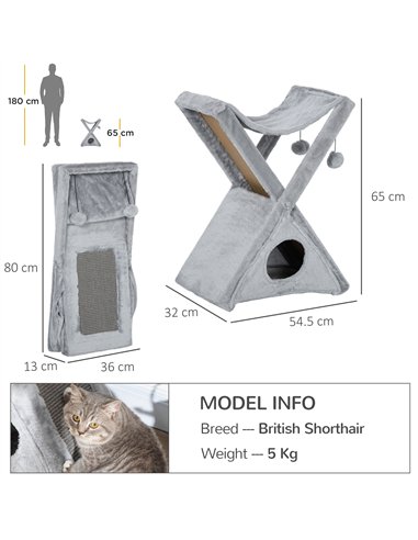 PawHut Two Tier Cat Tree for Indoor Cats Play Rest Activity Tower Plush Folding Relax Center w/ Scratching Post Hammock Pom Poms