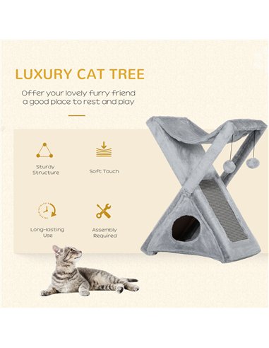 PawHut Two Tier Cat Tree for Indoor Cats Play Rest Activity Tower Plush Folding Relax Center w/ Scratching Post Hammock Pom Poms