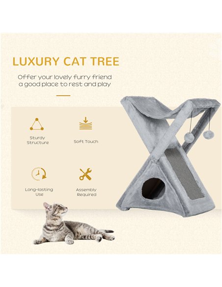 PawHut Two Tier Cat Tree for Indoor Cats Play Rest Activity Tower Plush Folding Relax Center w/ Scratching Post Hammock Pom Poms - pic 147776 | FastDaddyshop