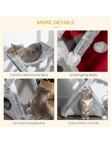 PawHut Two Tier Cat Tree for Indoor Cats Play Rest Activity Tower Plush Folding Relax Center w/ Scratching Post Hammock Pom Poms