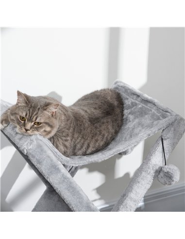PawHut Two Tier Cat Tree for Indoor Cats Play Rest Activity Tower Plush Folding Relax Center w/ Scratching Post Hammock Pom Poms