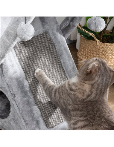 PawHut Two Tier Cat Tree for Indoor Cats Play Rest Activity Tower Plush Folding Relax Center w/ Scratching Post Hammock Pom Poms