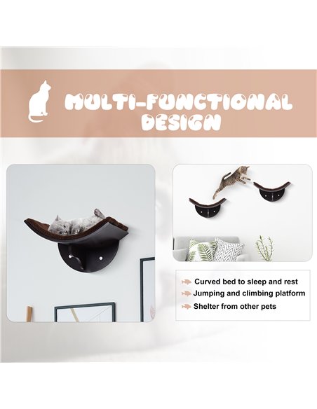 PawHut Wood Cat Shelves Wall-Mounted Shelter Curved Kitten Bed Cat Perch Climber Cat Furniture 41 x 28 x 21cm Brown - pic 147794 | FastDaddyshop