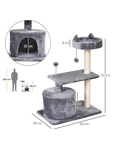 PawHut Cat Tree for Indoor Cats with Scratching Post Climbing Tower Kitty Activity Centre Condo Perch Jumping Platforms Grey 60L
