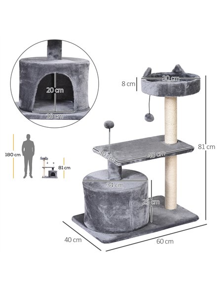 PawHut Cat Tree for Indoor Cats with Scratching Post Climbing Tower Kitty Activity Centre Condo Perch Jumping Platforms Grey 60L - pic 147829 | FastDaddyshop