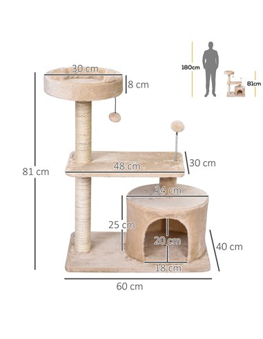 PawHut Cat Tree for Indoor Cats with Scratching Post Climbing Tower Kitty Activity Centre Condo Perch Jumping Platforms Beige 60