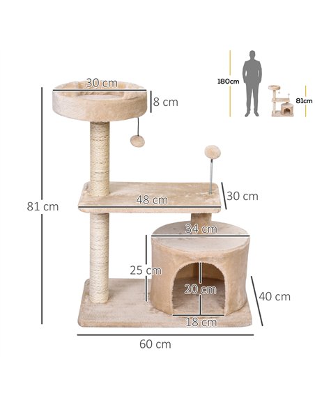 PawHut Cat Tree for Indoor Cats with Scratching Post Climbing Tower Kitty Activity Centre Condo Perch Jumping Platforms Beige 60 - pic 147838 | FastDaddyshop